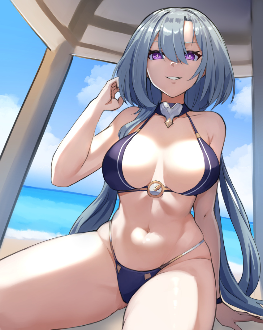 1girl absurdres arm_support bikini blue_bikini blue_hair blue_sky breasts cream_bread day grin griseo hair_between_eyes hand_up highres honkai_(series) honkai_impact_3rd large_breasts long_hair looking_at_viewer navel purple_eyes sitting sky smile solo stomach swimsuit very_long_hair