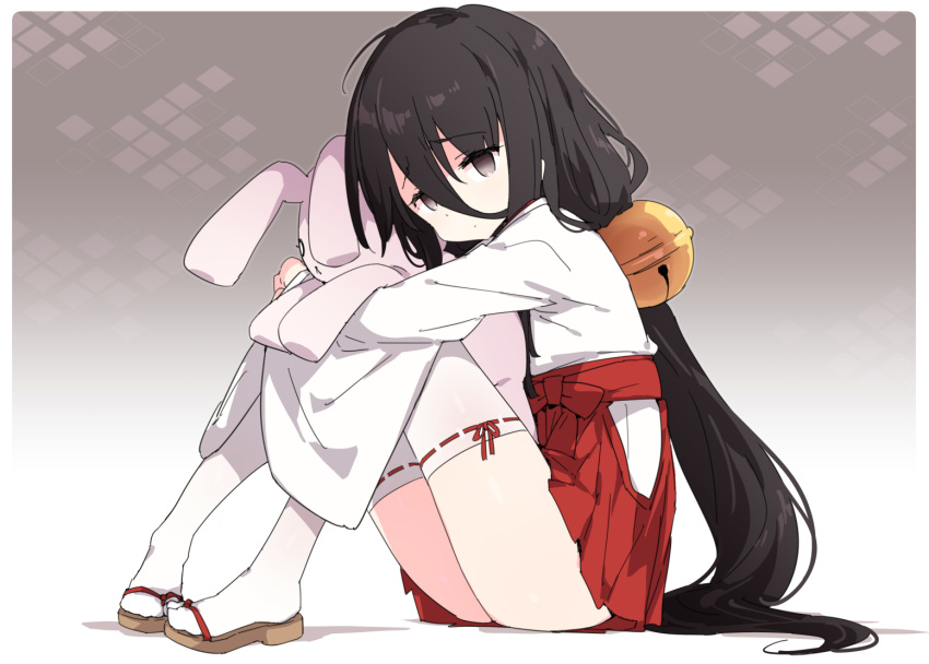 1girl black_eyes black_hair commentary_request empty_eyes hair_ornament hakama hakama_skirt japanese_clothes long_hair looking_at_viewer miko object_hug original petenshi_(dr._vermilion) ponytail red_skirt sandals shirt sitting skirt solo stuffed_animal stuffed_rabbit stuffed_toy thighhighs thighs white_shirt white_thighhighs