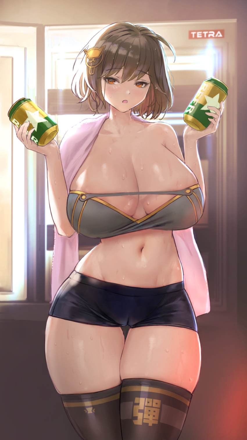 1girl ahoge anis_(nikke) bare_shoulders beer_can black_shorts black_skirt black_thighhighs blush breasts brown_eyes brown_hair can cat_hair_ornament cleavage collarbone commentary_request cowboy_shot crop_top goddess_of_victory:_nikke grey_shirt groin hair_ornament highres holding holding_can indoors large_breasts looking_at_viewer lukapia midriff navel open_mouth partial_commentary pink_towel refrigerator shadow shirt short_hair short_shorts shorts sidelocks skindentation skirt solo standing thigh_gap thighhighs wet