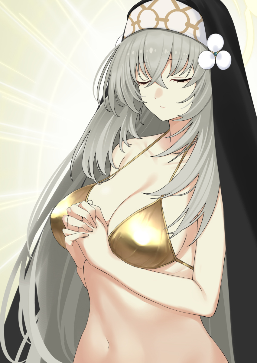 1girl alternate_costume bikini blue_archive breasts closed_eyes closed_mouth collarbone eyelashes from_side gold_bikini grey_hair habit hair_between_eyes highres interlocked_fingers long_hair navel nun own_hands_together praying sakurako_(blue_archive) shiny_swimsuit stomach swimsuit taiyou-n upper_body veil