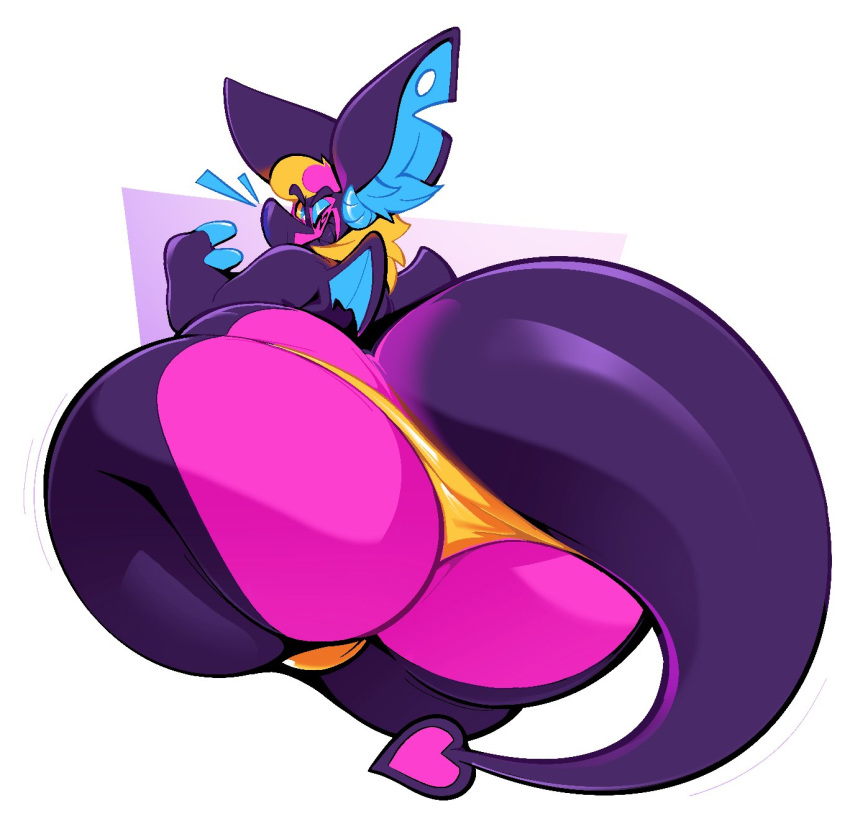 anthro bat big_butt big_ears boot_(artist) boot_(character) bovid butt caprine clothed clothing digital_media_(artwork) goat hi_res horn huge_butt looking_at_viewer looking_back low-angle_view male mammal pink_body simple_background smile solo tail thick_tail underwear wide_hips wings