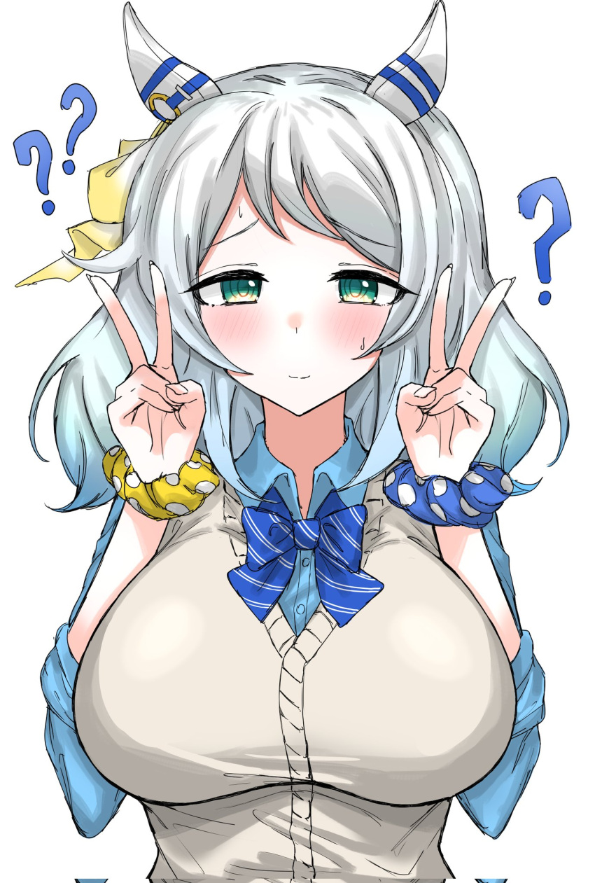 1girl ? alternate_costume animal_ears blue_eyes blush breasts commentary_request double_v grey_hair gyaru hair_ornament highres hishi_miracle_(umamusume) horse_ears horse_girl kumiyabe large_breasts looking_at_viewer medium_hair portrait ribbon umamusume v white_background