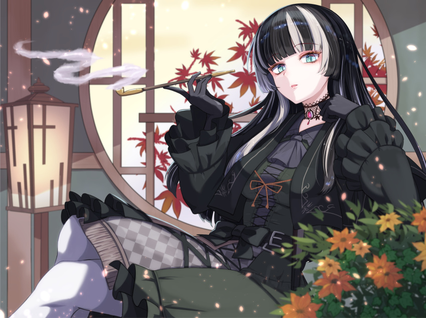 1girl black_choker black_dress black_gloves black_hair blue_eyes blunt_bangs choker crossed_legs dress frilled_choker frills gloves gothic_lolita grey_hair highres holding holding_smoking_pipe hololive hololive_dev_is juufuutei_raden lace-trimmed_choker lace_trim lolita_fashion long_hair looking_at_viewer multicolored_hair pantyhose sidelocks smoking_pipe solo streaked_hair virtual_youtuber white_pantyhose yanu