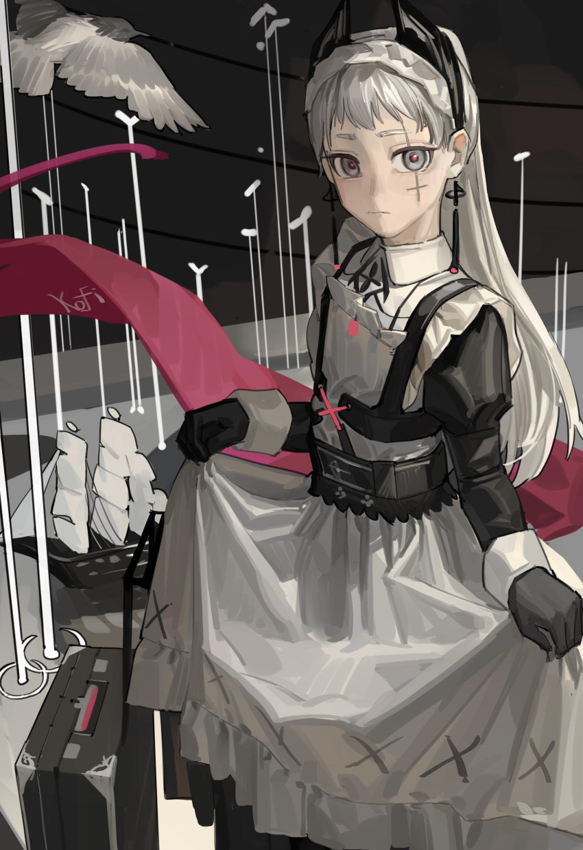 1girl apron arknights bird black_dress black_gloves case closed_mouth dress earrings expressionless feet_out_of_frame gloves grey_background grey_eyes grey_hair head_wings highres irene_(arknights) jewelry juliet_sleeves kofi-mo long_dress long_hair long_sleeves looking_at_viewer puffy_sleeves sailing_ship scar scar_across_eye skirt_hold solo very_long_hair white_apron wings