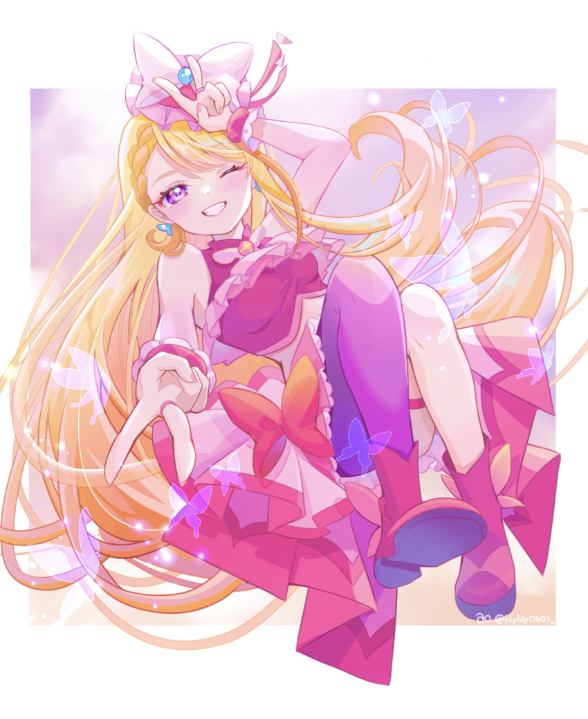 1girl absurdres artist_name asymmetrical_bangs blonde_hair boots bow bow_skirt braid braided_bangs brooch bug butterfly butterfly_earrings commentary cropped_shirt cure_butterfly double_v earrings floating frilled_cuffs frilled_shirt frills grin hat hat_bow highres hijiri_ageha hirogaru_sky!_precure jewelry knees_up lilylily0601 long_hair looking_at_viewer magical_girl midriff mob_cap orange_hair pantyhose pink_headwear pink_shirt pink_skirt precure purple_eyes purple_pantyhose red_bow red_footwear shirt showgirl_skirt single_leg_pantyhose skirt sleeveless sleeveless_shirt smile solo sparkle tilted_headwear twitter_username v very_long_hair white_bow wing_brooch