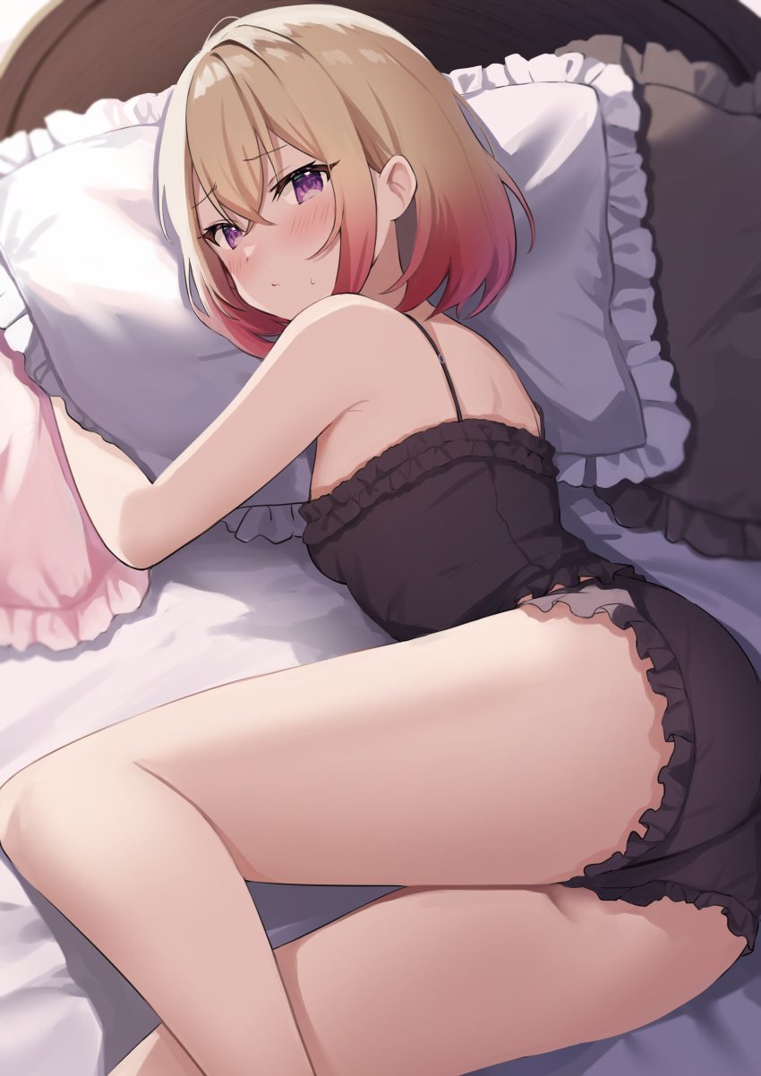 1girl absurdres black_camisole black_pants blonde_hair blush camisole closed_mouth commission crossed_bangs cyberlive frilled_camisole frilled_pants frills gradient_hair hair_between_eyes highres iekushi_chapipi looking_at_viewer lying multicolored_hair okiq on_bed on_side pants pillow pink_hair purple_eyes short_hair skeb_commission solo spaghetti_strap sweat virtual_youtuber