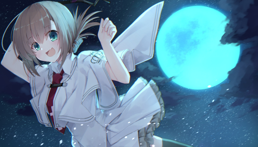 1girl :d absurdres ahoge aqua_eyes arms_up black_thighhighs blurry blurry_background blush brown_hair capelet cloud commentary cowboy_shot cross_print crown_print dutch_angle eyes_visible_through_hair fang floating_clothes folded_ponytail frilled_skirt frills full_moon hair_between_eyes hair_ornament hairclip happy highres holding holding_whip looking_at_viewer medium_hair miniskirt moon necktie night nodoameyatou open_mouth outdoors red_necktie school_uniform shirt skin_fang skirt sky smile solo standing star_(sky) starry_sky subarashiki_hibi tachibana_kimika thighhighs white_capelet white_shirt white_skirt zettai_ryouiki