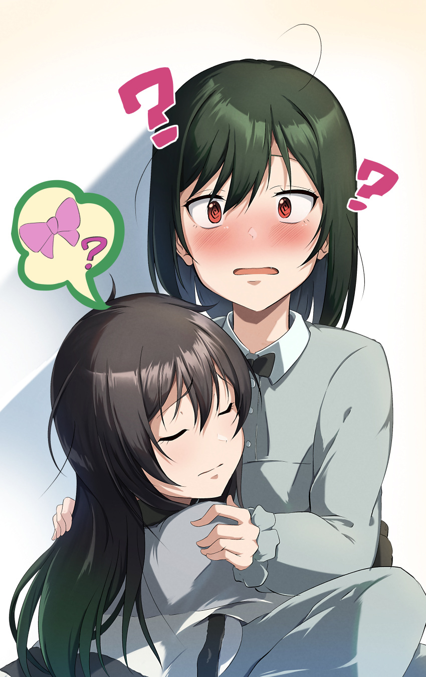 2girls ? ?? absurdres black_hair blush closed_eyes dark_green_hair fang gradient_hair grey_pajamas highres hug light love_live! love_live!_nijigasaki_high_school_idol_club medium_hair mifune_shioriko multicolored_hair multiple_girls open_mouth pajamas pink_ribbon red_eyes ribbon shadow short_hair sleeping sleeping_on_person sleepy speech_bubble takasaki_yuu zasshoku_ojisan