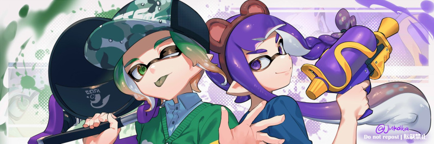 2boys artist_name baseball_cap blue_shirt braid green_eyes green_hair gun hairband hat highres holding holding_gun holding_weapon inkling inkling_boy jinkobanana long_hair multiple_boys one_eye_closed paint pointy_ears purple_eyes purple_hair shirt short_hair slosher_(splatoon) smile splatoon_(series) splattershot_(splatoon) tongue tongue_out weapon