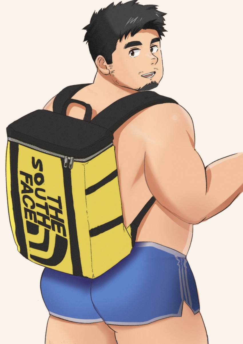 1boy ass backpack bag bara belly blue_shorts brand_name_imitation dolphin_shorts facial_hair goatee highres kosuke_(ksk11ksk11) looking_at_viewer looking_back male_focus mustache_stubble original plump short_hair shorts sideburns_stubble smile solo the_north_face thick_eyebrows thick_thighs thighs topless_male zipper