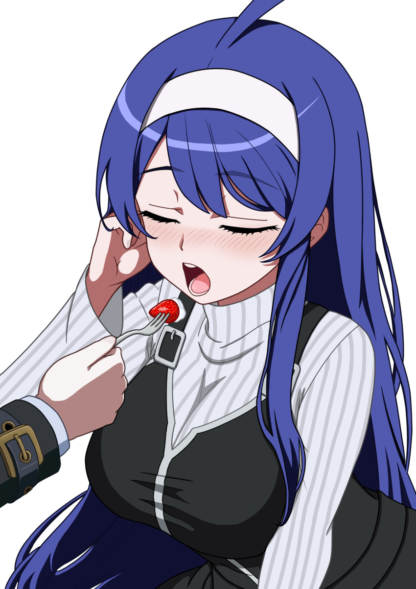 1boy 1girl ahoge blue_eyes blue_hair blush breasts closed_eyes food fork fruit hairband highres holding holding_fork huge_ahoge hyde_(under_night_in-birth) large_breasts long_hair nishine2424 official_alternate_costume open_mouth orie_(under_night_in-birth) shirt simple_background solo strawberry striped striped_shirt under_night_in-birth white_background white_hairband