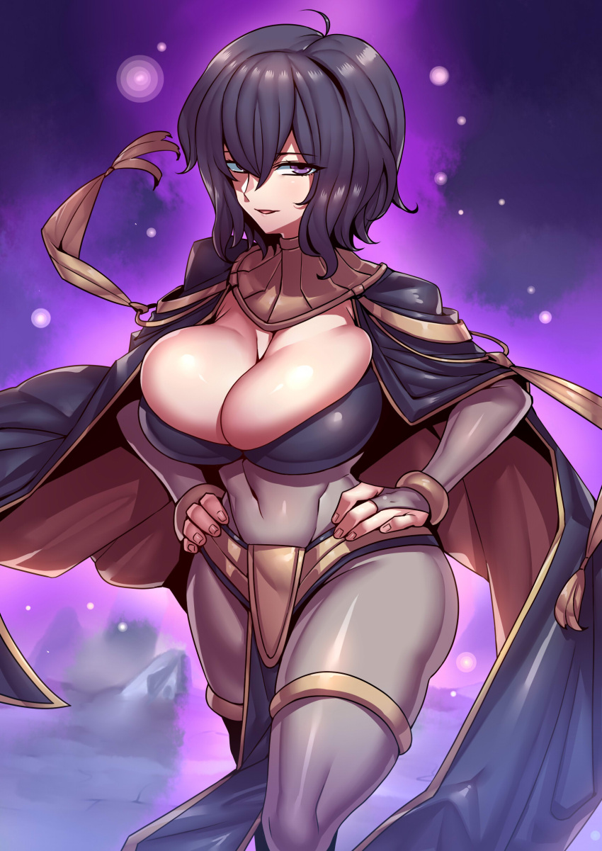 1girl abs absurdres aged_up alternate_costume black_hair bracelet breasts bridal_gauntlets cape cleavage commission cosplay covered_navel fire_emblem fire_emblem_awakening hands_on_hips highres jewelry large_breasts looking_at_viewer mature_female morgan_(female)_(fire_emblem) morgan_(fire_emblem) open_mouth purple_eyes skeb_commission solo standing tharja_(fire_emblem) tharja_(fire_emblem)_(cosplay) tukiwani