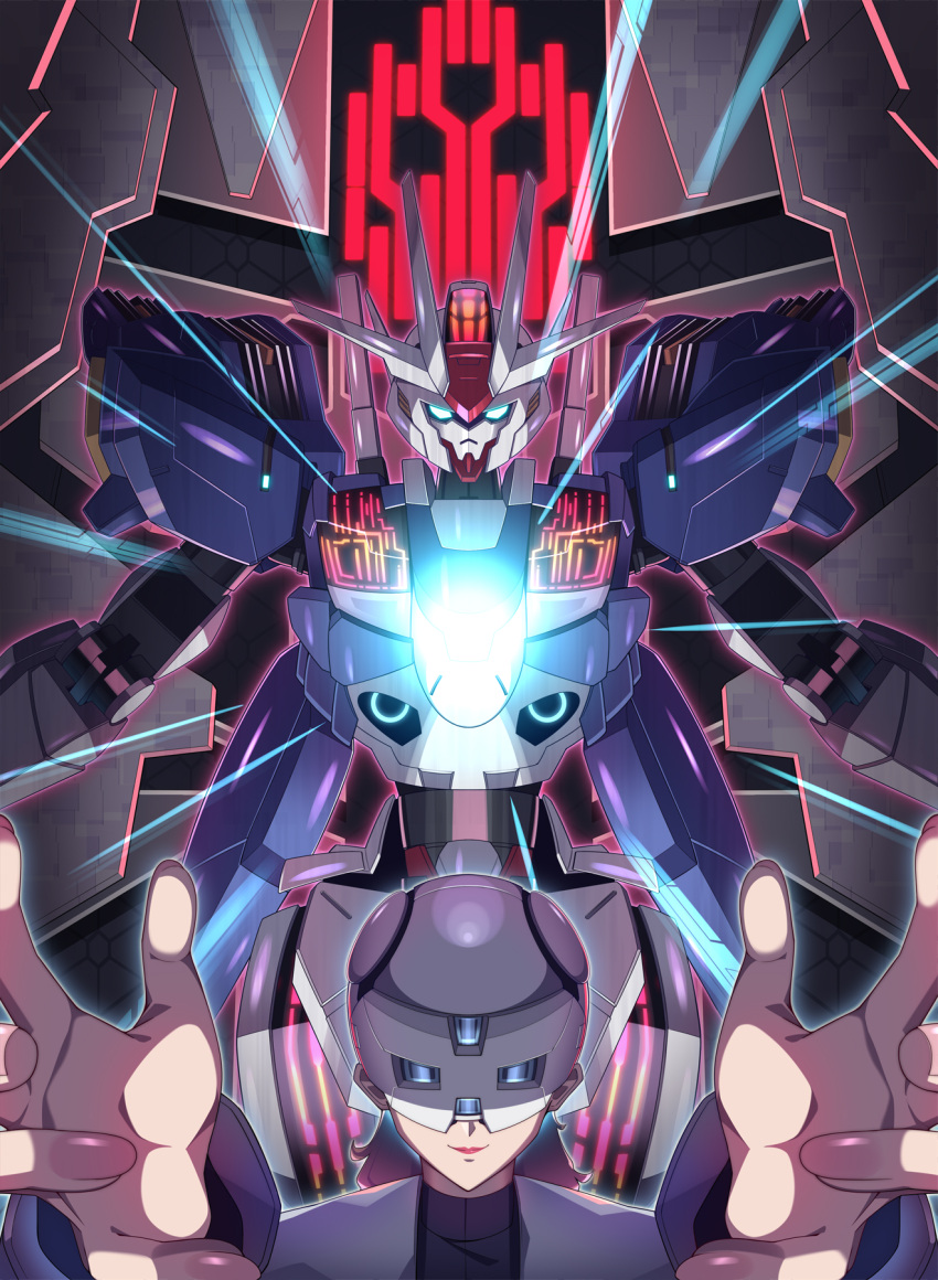 1girl black_shirt brown_hair grey_jacket gundam gundam_aerial gundam_aerial_rebuild gundam_suisei_no_majo helmet highres jacket looking_at_viewer mask mate_(oktavia1121) mature_female mecha pink_lips prospera_mercury quiet_zero reaching reaching_towards_viewer robot shirt smile