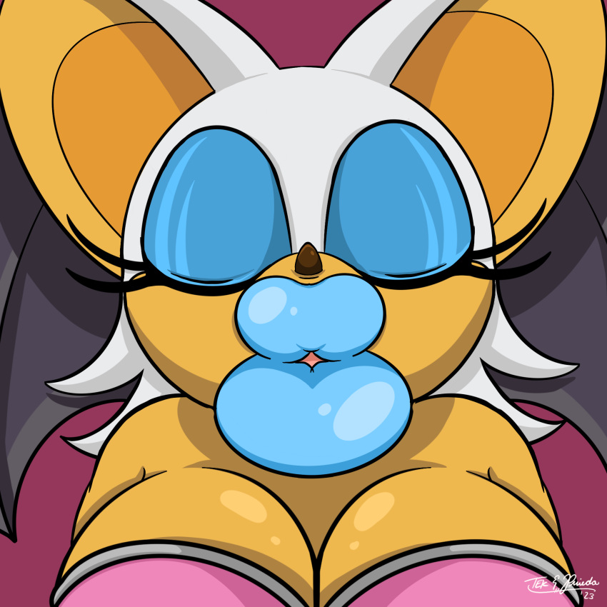 anthro bat big_breasts blue_lipstick breasts digital_media_(artwork) female first_person_view fur hi_res kissing kissing_pov kissy_face lips lipstick makeup mammal membrane_(anatomy) membranous_wings puckered_lips rouge_the_bat sega simple_background solo sonic_the_hedgehog_(series) tekandprieda_(artist) thick_lips wings