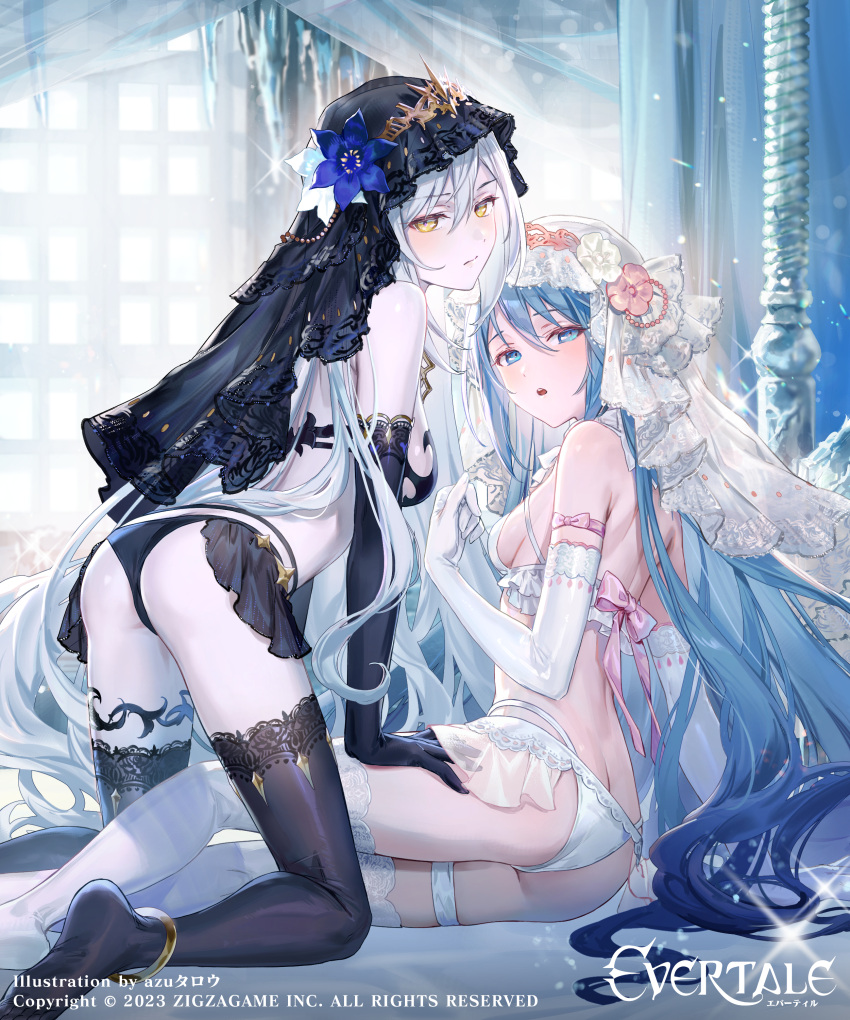 2girls absurdres azu-taro bare_shoulders bikini black_bikini black_thighhighs blue_eyes blue_hair breasts checkered_floor company_name copyright crown elbow_gloves evertale flower gloves hair_flower hair_ornament highres kneeling legwear_garter long_hair looking_at_viewer medium_breasts multiple_girls official_art original pink_ribbon revealing_clothes ribbon sitting snow_white_(evertale) swimsuit thighhighs veil white_bikini white_hair white_thighhighs yellow_eyes