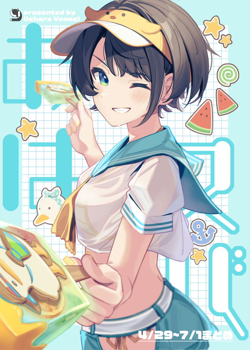 1girl absurdres blue_sailor_collar brown_hair crop_top food from_side green_eyes grin highres holding hololive looking_at_viewer neckerchief one_eye_closed oozora_subaru popsicle ribbon sailor_collar sailor_shirt shirt short_hair short_sleeves smile solo standing virtual_youtuber visor_cap white_shirt yellow_neckerchief yellow_ribbon yomogi_uehara
