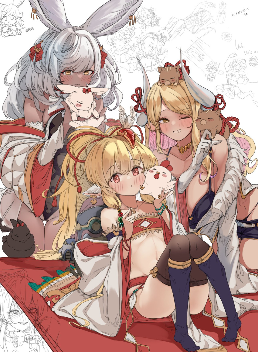 3girls :3 :o all_fours animal animal_ears animal_on_head animal_on_shoulder backpack bag bird blonde_hair blush boar breasts buchibussei chicken closed_mouth dark-skinned_female dark_skin flat_chest gloves grin groin hat hat_feather height_difference highleg highleg_leotard highleg_panties highres holding holding_animal horns jewelry kneeling knees_up large_breasts leaning_back leotard long_hair looking_at_viewer lowleg lowleg_shorts multiple_girls multiple_views navel necklace on_head one_eye_closed original panties panty_straps parted_bangs rabbit rabbit_ears red_eyes shorts sitting smile stomach strapless thighhighs tube_top underwear white_hair yellow_eyes