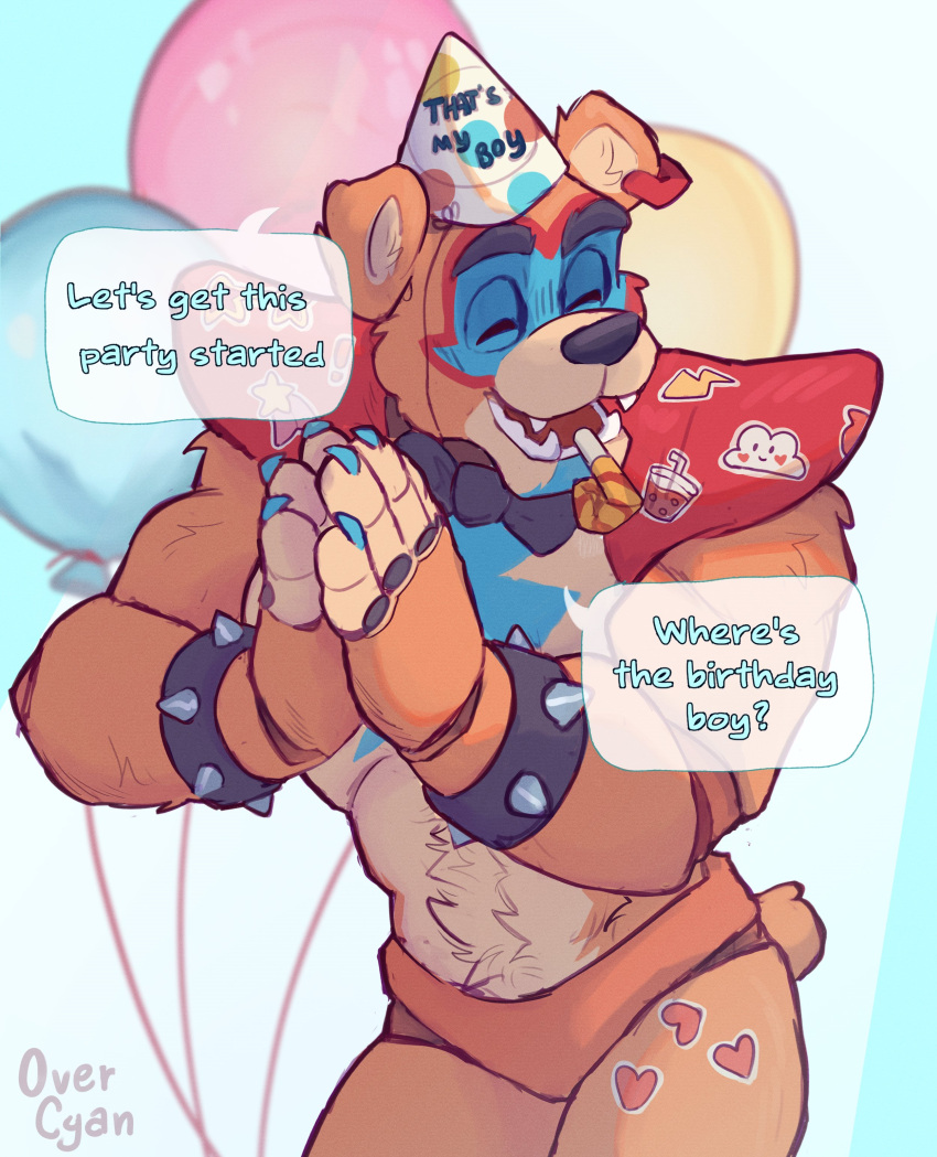 &lt;3 2023 absurd_res animatronic anthro balloon bear biceps biped bodypaint bow_tie bracelet brown_body brown_fur clothing dialogue digital_media_(artwork) ear_piercing ear_ring english_text eyebrows face_paint five_nights_at_freddy's five_nights_at_freddy's:_security_breach fur glamrock_freddy_(fnaf) hat headgear headwear hi_res inflatable jewelry machine male mammal muscular muscular_anthro muscular_male open_mouth open_smile overcyan party party_hat party_horn pecs piercing ring_piercing robot scottgames smile solo spiked_bracelet spikes steel_wool_studios stickers tan_body tan_fur teeth text tongue