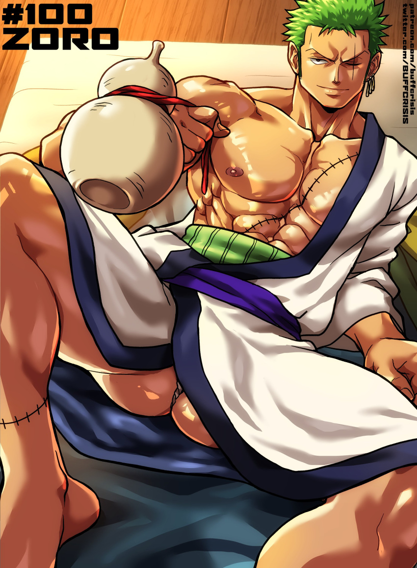1boy absurdres bara character_name closed_mouth green_hair highres japanese_clothes kimono large_pectorals male_focus muscular muscular_male nipples one_piece patreon_username pectorals roronoa_zoro scar scar_across_eye scar_on_chest scar_on_face sgt_crisis short_hair solo thick_thighs thighs twitter_username white_kimono