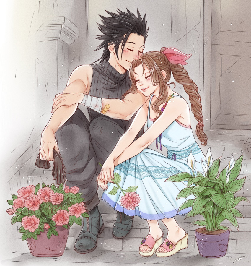 1boy 1girl aerith_gainsborough bandaged_arm bandages bandaid bandaid_on_arm bare_shoulders black_footwear black_gloves black_hair black_pants blush boots braid braided_ponytail brown_hair bruise closed_eyes closed_mouth commentary couple crisis_core_final_fantasy_vii crylin6 dress final_fantasy final_fantasy_vii flower full_body gloves gloves_removed hair_ribbon head_on_another's_shoulder highres holding holding_flower injury long_hair pants parted_bangs pink_flower pink_ribbon plant potted_plant ribbon sandals sidelocks sitting sleeveless sleeveless_dress sleeveless_turtleneck smile spiked_hair sundress sweater symbol-only_commentary turtleneck turtleneck_sweater zack_fair