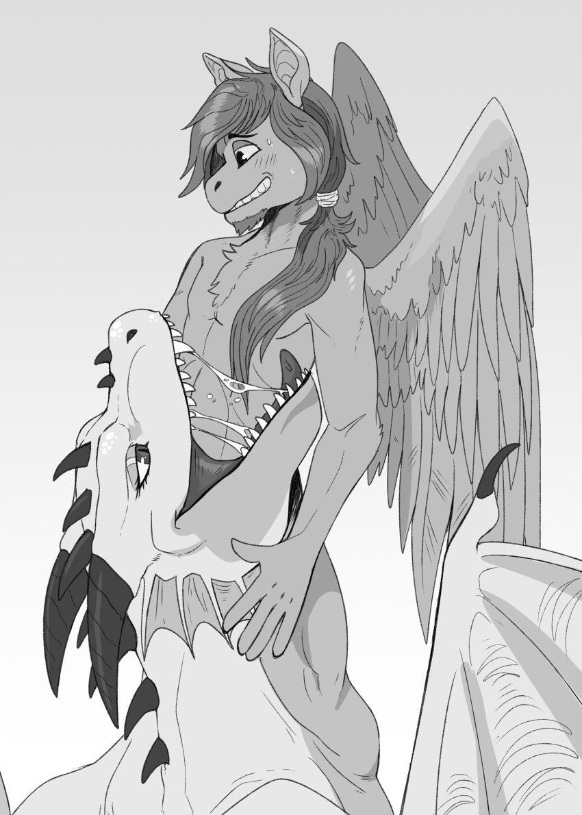 absurd_res anthro bodily_fluids clothed clothing dragon drooling duo equid equine facial_hair fangs feathered_wings feathers female greyscale hair hi_res horn imperatorcaesar jokulldr_dreki male male/female mammal membrane_(anatomy) membranous_wings monochrome neck_bulge nervous open_mouth oral_vore orange_wings pegasus ponytail rory_kenneigh saliva scales simple_background size_difference smaller_male swallowing teeth topless vore wings