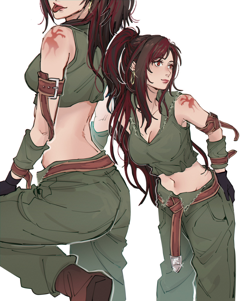 arm_belt arm_tattoo belt black_hair breasts brown_eyes cleavage cosplay crop_top earrings final_fantasy final_fantasy_ix final_fantasy_vii final_fantasy_vii_ever_crisis highres hoop_earrings jewelry leaning_forward multicolored_hair navel official_alternate_costume official_alternate_hairstyle ponytail pudelmudel red_hair salamander_coral salamander_coral_(cosplay) sleeveless smile stomach tattoo tifa_lockhart tongue tongue_out two-tone_hair