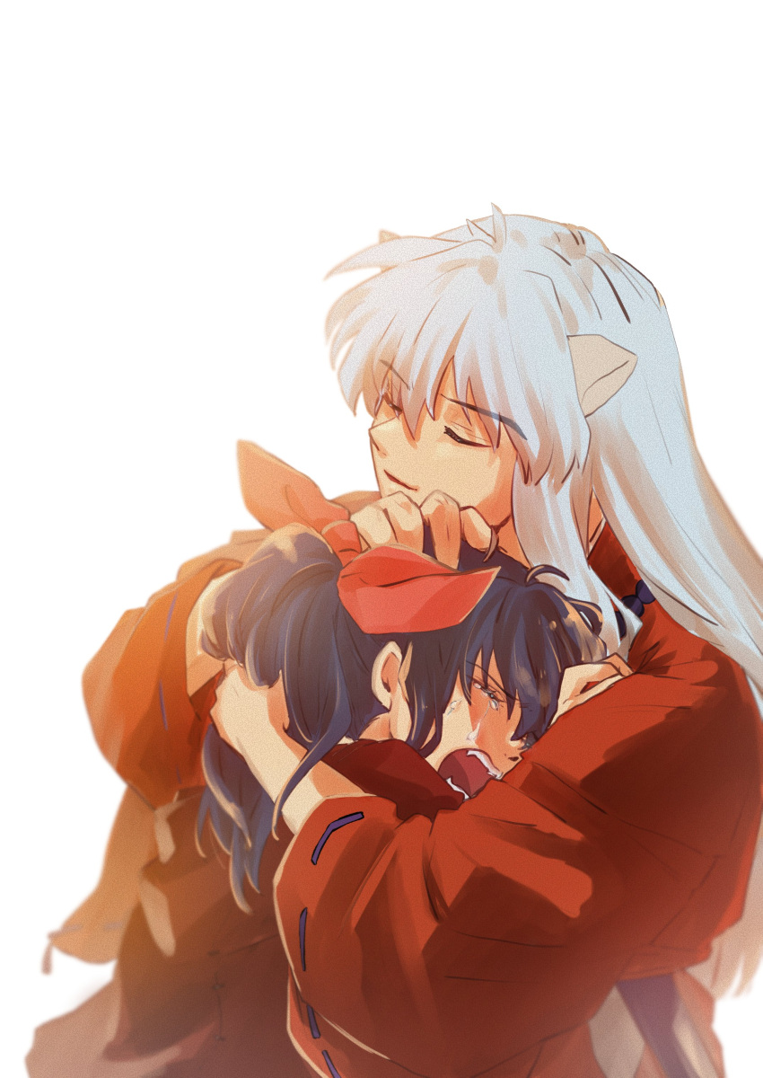 1boy 1girl absurdres animal_ears black_hair bow closed_eyes crying dog_ears father_and_daughter hair_between_eyes hair_bow han'you_no_yashahime hand_on_another's_head highres hug inuyasha inuyasha_(character) japanese_clothes kayo1102 kimono long_sleeves moroha open_mouth ponytail red_bow red_kimono tears teeth upper_body white_background white_hair wide_sleeves