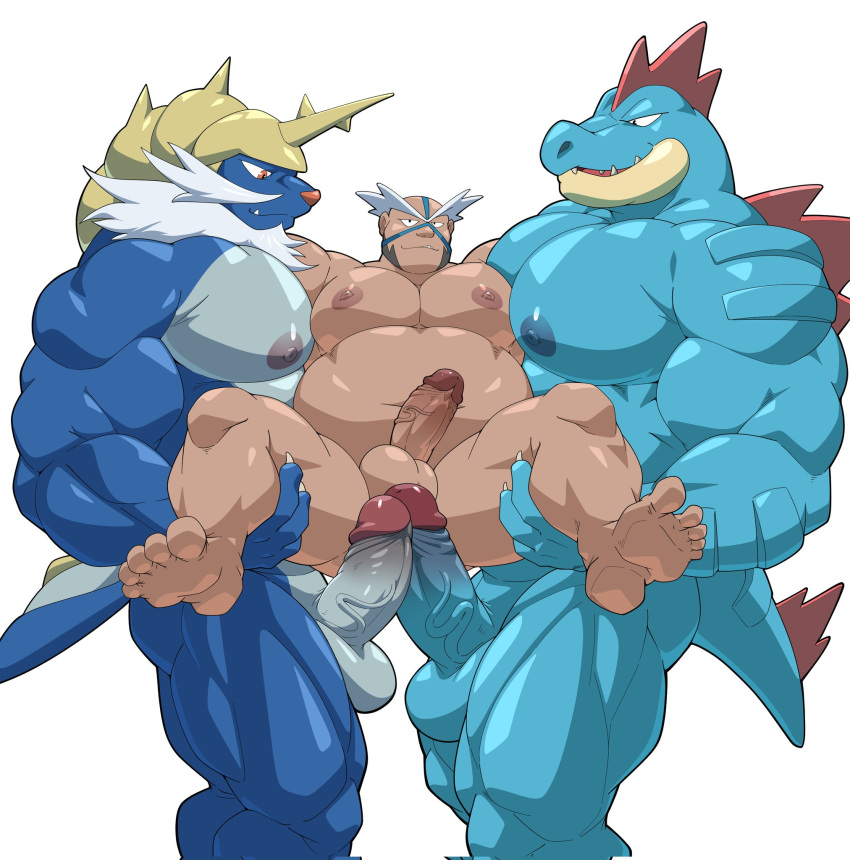 abs alligator alligatorid anthro balls beard big_balls big_dom_small_sub big_muscles big_nipples big_pecs big_penis blue_body carrying carrying_another carrying_partner crasher_wake crocodilian dominant erection facial_hair feraligatr generation_2_pokemon generation_5_pokemon genitals grin group group_sex gym_leader hair hi_res holding_partner human human_on_anthro imminent_anal interspecies larger_anthro larger_male maldu male male/male mammal mask mask_only musclegut muscular muscular_anthro muscular_human muscular_male mustelid navel nintendo nipples nude otter pecs pecs_touching penis pokemon pokemon_(species) pokephilia reptile samurott scalie sex sharp_teeth size_difference smaller_human smaller_male smile spikes spikes_(anatomy) stand_and_carry_position standing standing_sex teeth threesome trio two_doms_one_sub whiskers white_hair
