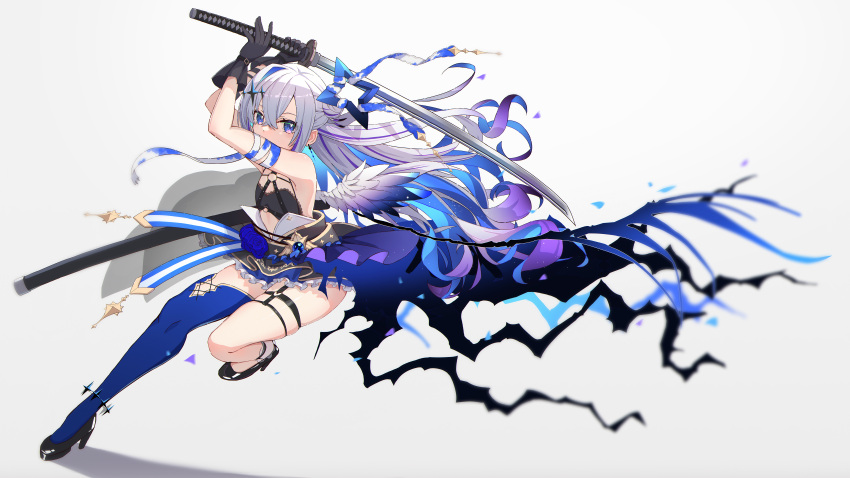 1girl absurdres amane_kanata angel angel_wings bandaged_arm bandages bare_shoulders blue_hair blue_thighhighs colored_inner_hair feathered_wings flat_chest full_body gloves grey_background grey_hair high_heels highres hololive juu_p katana long_hair looking_at_viewer multicolored_hair purple_eyes simple_background single_thighhigh skirt solo strapless sword thigh_strap thighhighs tube_top virtual_youtuber weapon wings
