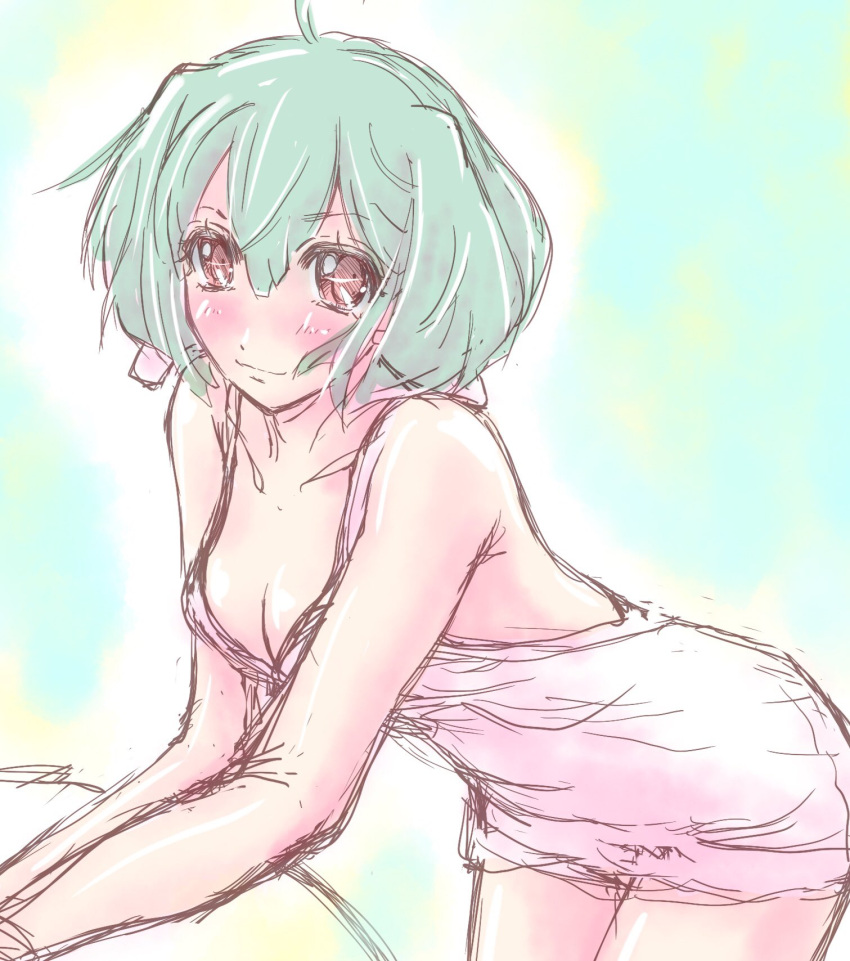 1girl backless_dress backless_outfit blush breasts brown_eyes cleavage collarbone cowlick dress green_hair highres houzuki7 looking_at_viewer macross macross_frontier ranka_lee short_hair sketch sleeveless sleeveless_dress small_breasts smile solo white_dress