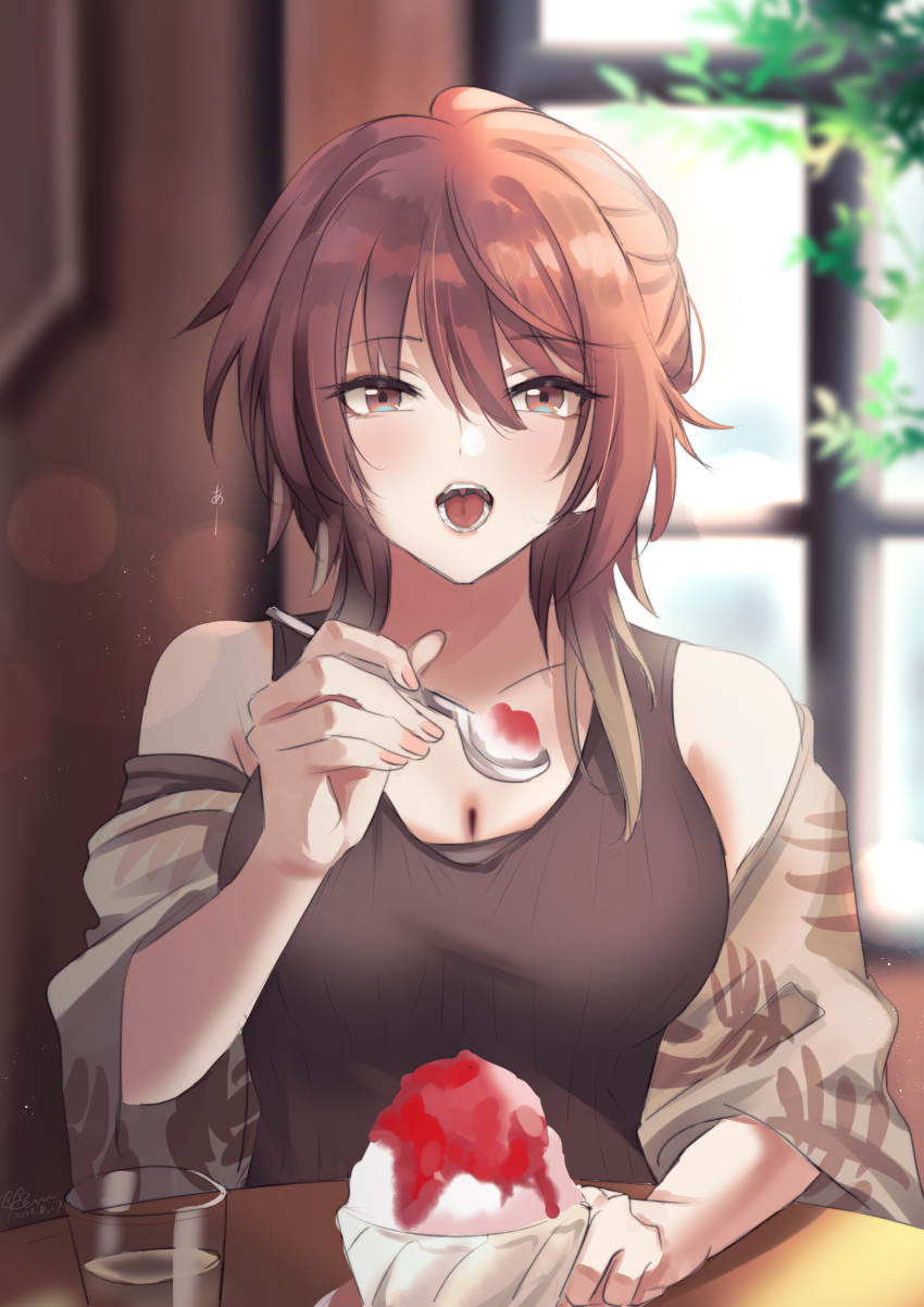 1girl absurdres aketa_mikoto black_dress blush breasts brown_hair brown_shawl cleavage collarbone dated_commentary dress food highres holding holding_spoon idolmaster idolmaster_shiny_colors incoming_food kevn large_breasts looking_at_viewer open_mouth pov shaved_ice shawl sleeveless sleeveless_dress solo spoon syrup upper_body weapon