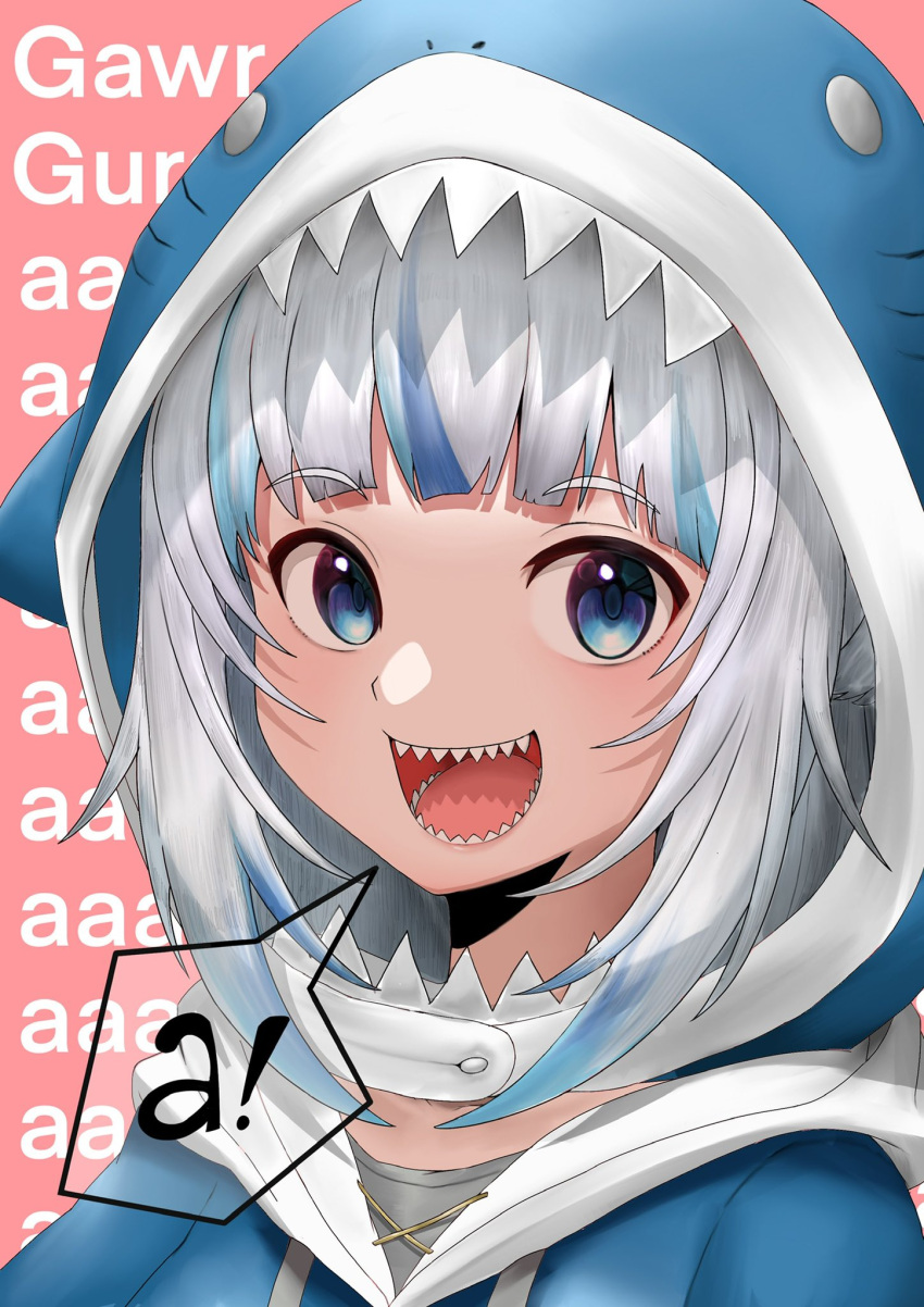 1girl :d a_(phrase) blue_eyes blue_hoodie blunt_bangs character_name gawr_gura grey_hair happy highres hololive hood hood_up hoodie ketoradenoo looking_at_viewer medium_hair multicolored_hair open_mouth pink_background portrait sharp_teeth simple_background smile solo streaked_hair teeth upper_body virtual_youtuber