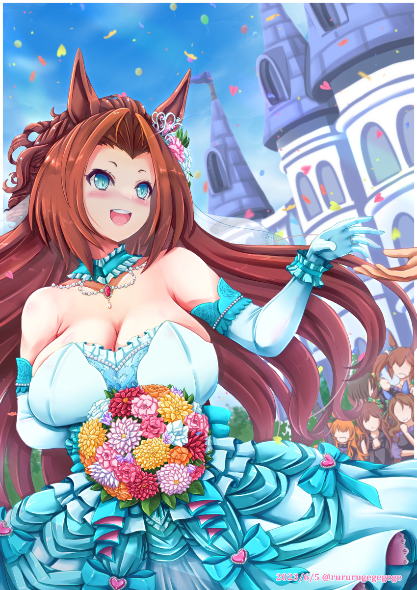 6+girls :d absurdres air_groove_(umamusume) animal_ears aqua_dress aqua_gloves arm_up bare_shoulders black_dress blue_choker blue_eyes blue_sky blush bouquet braid breasts brown_hair castle choker cleavage cloud collarbone commentary_request dated day dress ear_ornament ear_ribbon elbow_gloves faceless faceless_female falling_petals flower gloves hair_intakes hand_up highres hishi_akebono_(umamusume) holding holding_bouquet horse_ears horse_girl jewelry kawakami_princess_(umamusume) king_halo_(umamusume) large_breasts long_hair looking_to_the_side mayano_top_gun_(umamusume) mejiro_dober_(umamusume) multiple_girls nose_blush open_mouth outdoors petals ring rururugegegege short_hair sidelocks sky smile solo_focus standing strapless strapless_dress teeth tiara twintails twitter_username umamusume upper_teeth_only wedding_dress wedding_ring