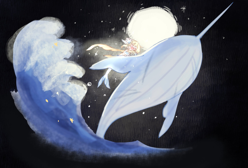 1girl blonde_hair closed_eyes feather_hair_ornament feathers full_moon genshin_impact hair_ornament happy highres lumine_(genshin_impact) mermaid monster_girl moon narwhal night night_sky ocean open_mouth scarf short_hair_with_long_locks sky smile star_(sky) umiushi_u waves whale yellow_scarf