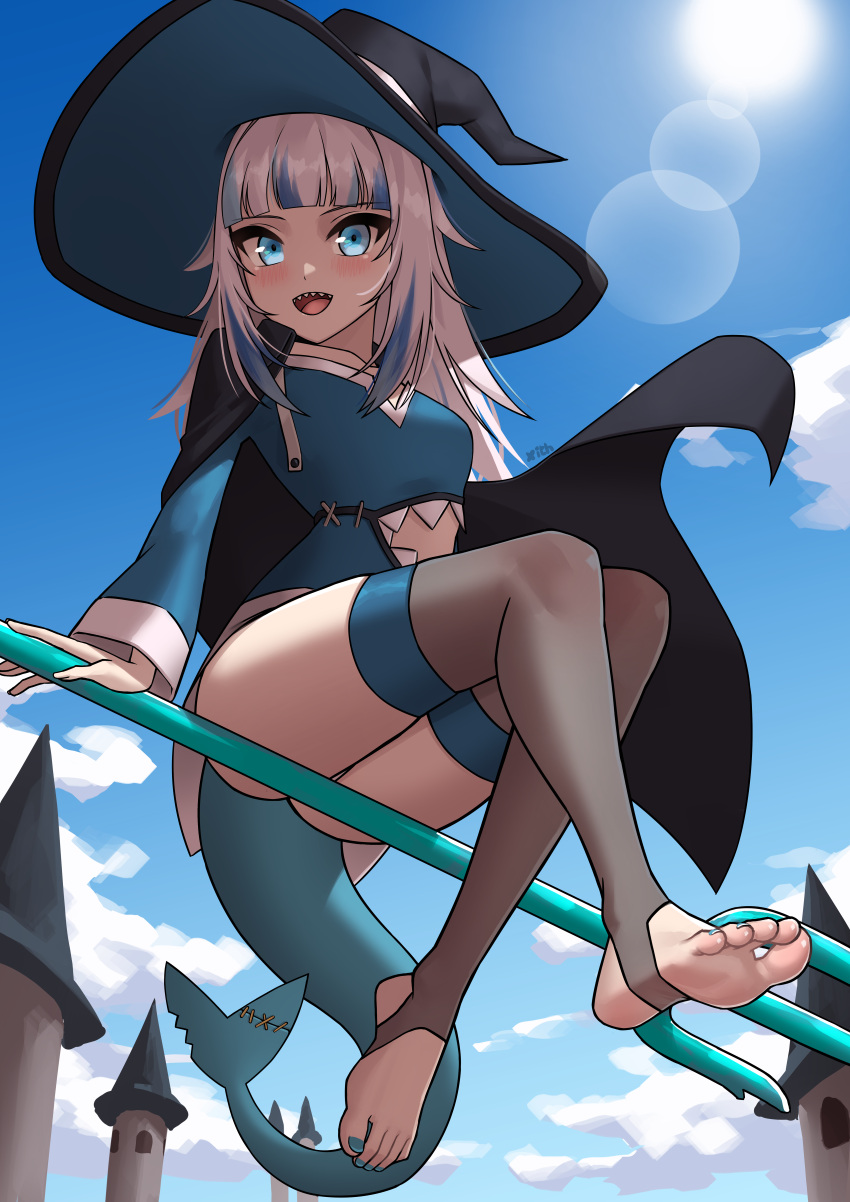 1girl absurdres barefoot black_cape black_headwear black_thighhighs blue_dress blue_eyes blue_hair blue_nails blue_sky blunt_bangs blush breasts cape cloud dress feet fins fish_tail foot_focus gawr_gura grey_hair hat highres hololive hololive_english knees_together_feet_apart legs long_hair looking_at_viewer multicolored_hair nail_polish no_shoes open_mouth polearm shark_girl shark_tail sidelocks sky small_breasts smile soles stirrup_legwear streaked_hair tail thighhighs toeless_legwear toenail_polish toenails toes trident virtual_youtuber weapon witch witch_hat x_xith_x