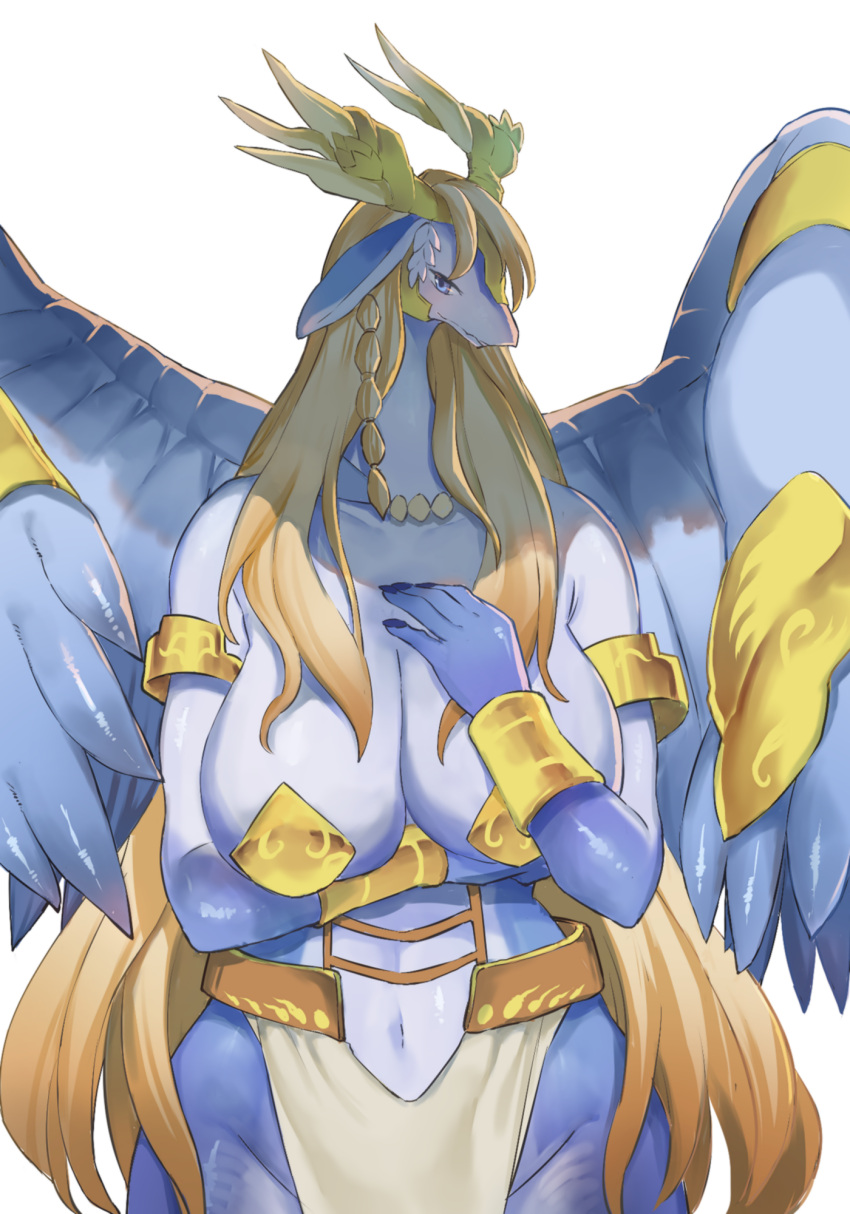 anthro big_breasts blonde_hair blush breasts dragon duel_monster feathered_dragon feathered_wings feathers female hair hi_res horn looking_at_viewer passionpit777 saffira_queen_of_dragons scalie simple_background smile solo white_background wings yu-gi-oh!