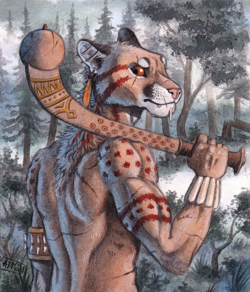 0laffson anthro bodypaint club_(weapon) cougar felid feline hi_res male mammal melee_weapon plant traditional_media_(artwork) tree weapon
