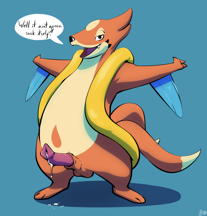 2_tails 3_fingers 3_toes animal_genitalia animal_penis anthro balls bodily_fluids dialogue english_text erection feet fingers fizzpop floatzel generation_4_pokemon genital_fluids genitals hi_res leaking_precum looking_at_viewer male multi_tail nintendo nude open_mouth penis pokemon pokemon_(species) precum precum_on_ground precum_on_penis signature simple_background solo speech_bubble standing tail talking_to_viewer text toes