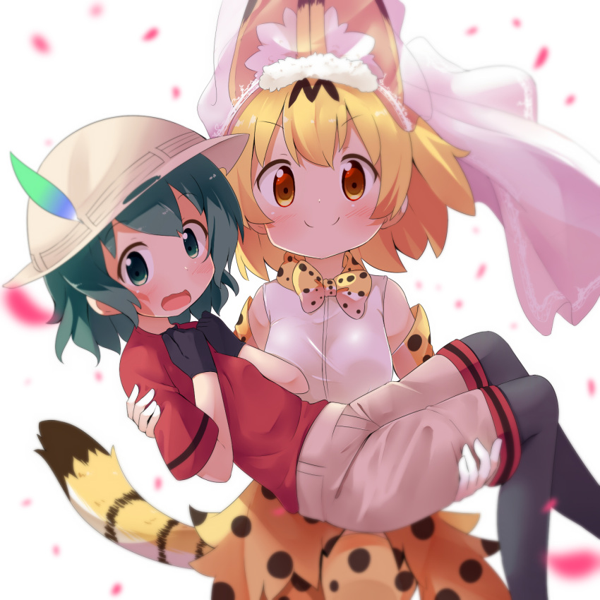 bottomwear clothing dress duo feathers felid feline female female/female gloves handwear hat headgear headwear hi_res human kaban-chan kemono_friends makuran mammal serval serval-chan simple_background skirt tail_under_skirt wedding wedding_dress