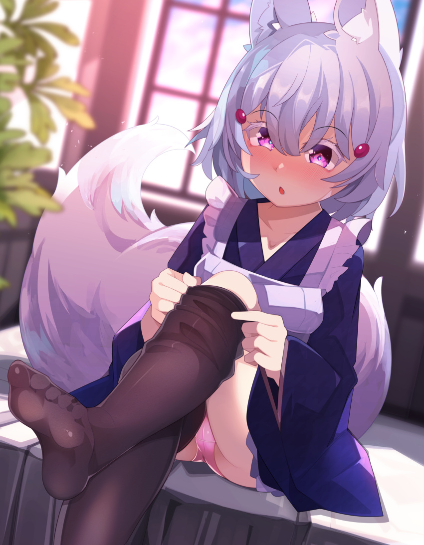 1girl absurdres animal_ear_fluff animal_ears apron black_thighhighs blue_kimono cameltoe colored_eyelashes commission dressing fox_ears fox_girl fox_tail frilled_apron frills grey_hair hair_between_eyes highres indie_virtual_youtuber japanese_clothes kimono maid panties phase_connect pink_panties pixiv_commission purple_eyes short_hair sitting solo tail tenma_maemi thighhighs underwear virtual_youtuber wa_maid wide_sleeves zamudelin