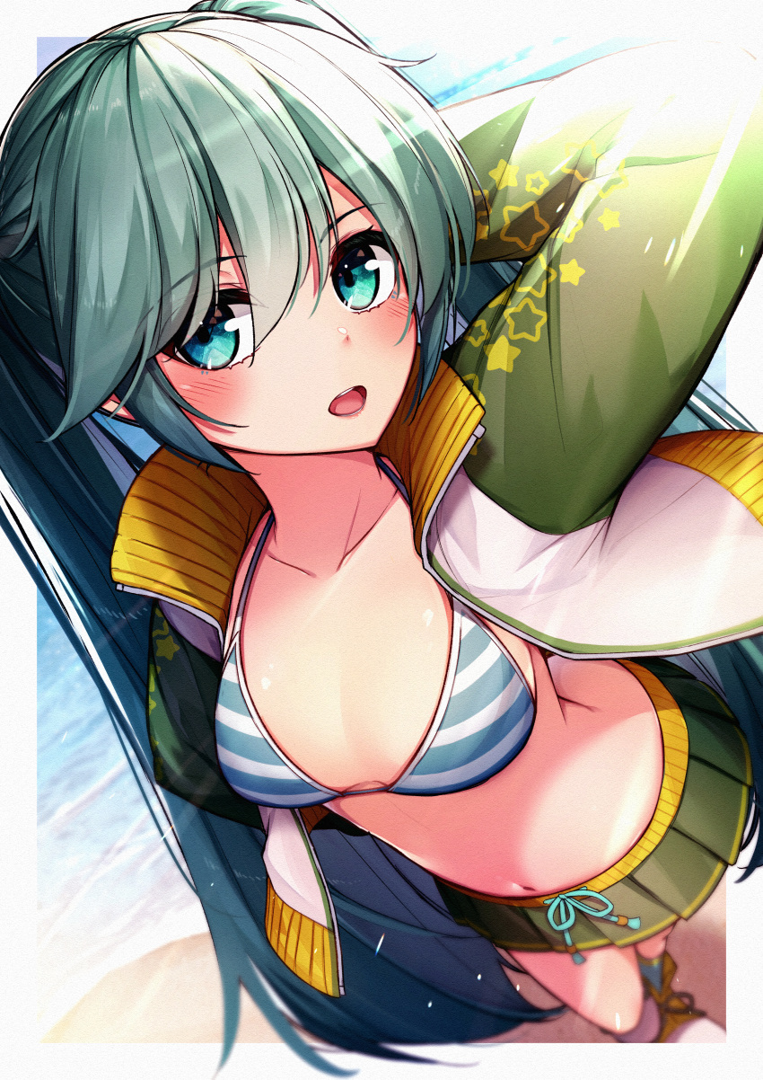 absurdres arm_behind_head arm_up beach bikini bloom blurry blush breasts collarbone commentary_request day depth_of_field double-parted_bangs eyes_visible_through_hair foreshortening framed from_above green_eyes green_hair green_skirt hair_between_eyes hatsune_miku highres jacket jersey_(module) light_rays long_hair looking_at_viewer looking_up marutenmaruten medium_breasts miniskirt navel ocean open_clothes open_jacket open_mouth outdoors partial_commentary pleated_skirt project_diva_(series) round_teeth scar scar_across_eye skirt standing star_(symbol) star_print straight_hair striped striped_bikini swimsuit teeth twintails upturned_eyes very_long_hair vocaloid white_jacket