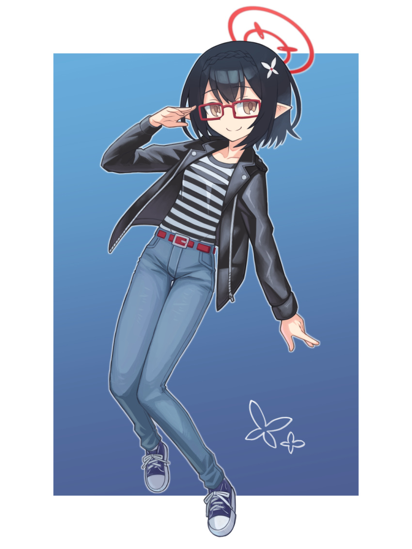 ayane_(blue_archive) belt black_hair black_jacket blue_archive blue_background blue_footwear border brown_eyes collarbone denim flower hair_flower hair_ornament halo hibun_tsukasa highres jacket jeans long_sleeves pants pointy_ears red-framed_eyewear red_belt short_hair smile white_border