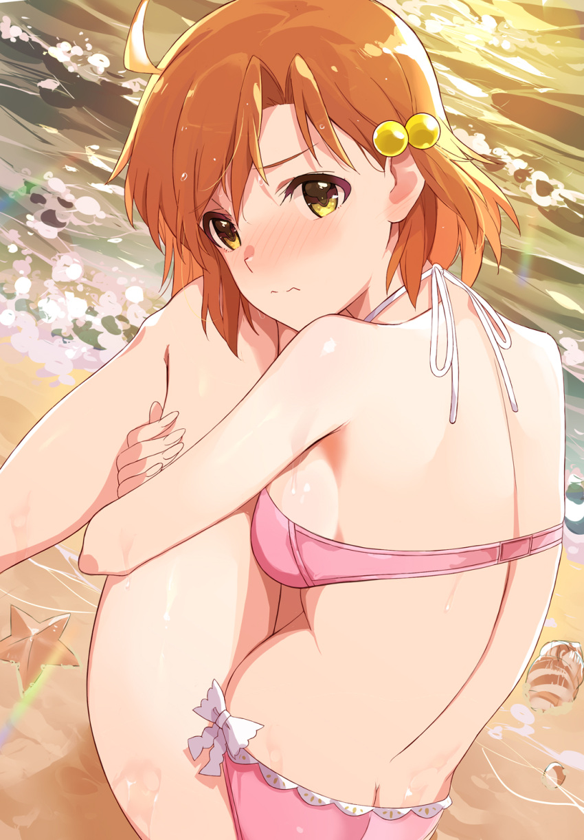 1girl ahoge beach beads bikini blush breasts conch hair_beads hair_ornament halterneck highres hugging_own_legs idolmaster idolmaster_million_live! knees_up looking_at_viewer looking_back median_furrow medium_breasts nose_blush on_ground orange_hair pink_bikini sideboob sitting solo starfish swimsuit tetsujin_momoko wet wet_hair yabuki_kana