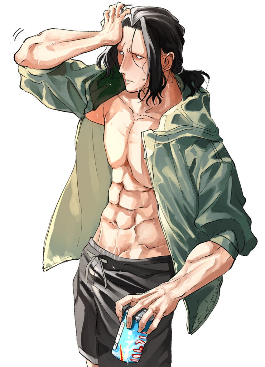 1boy abs alternate_costume bare_pectorals black_hair black_male_swimwear blush can fate/grand_order fate_(series) feet_out_of_frame from_above gilles_de_rais_(saber)_(fate) hand_on_own_head highres holding holding_can itaru_(kidomh63) jacket looking_to_the_side male_focus male_swimwear motion_lines navel open_clothes open_jacket pectorals short_hair solo swim_trunks toned toned_male veiny_crotch