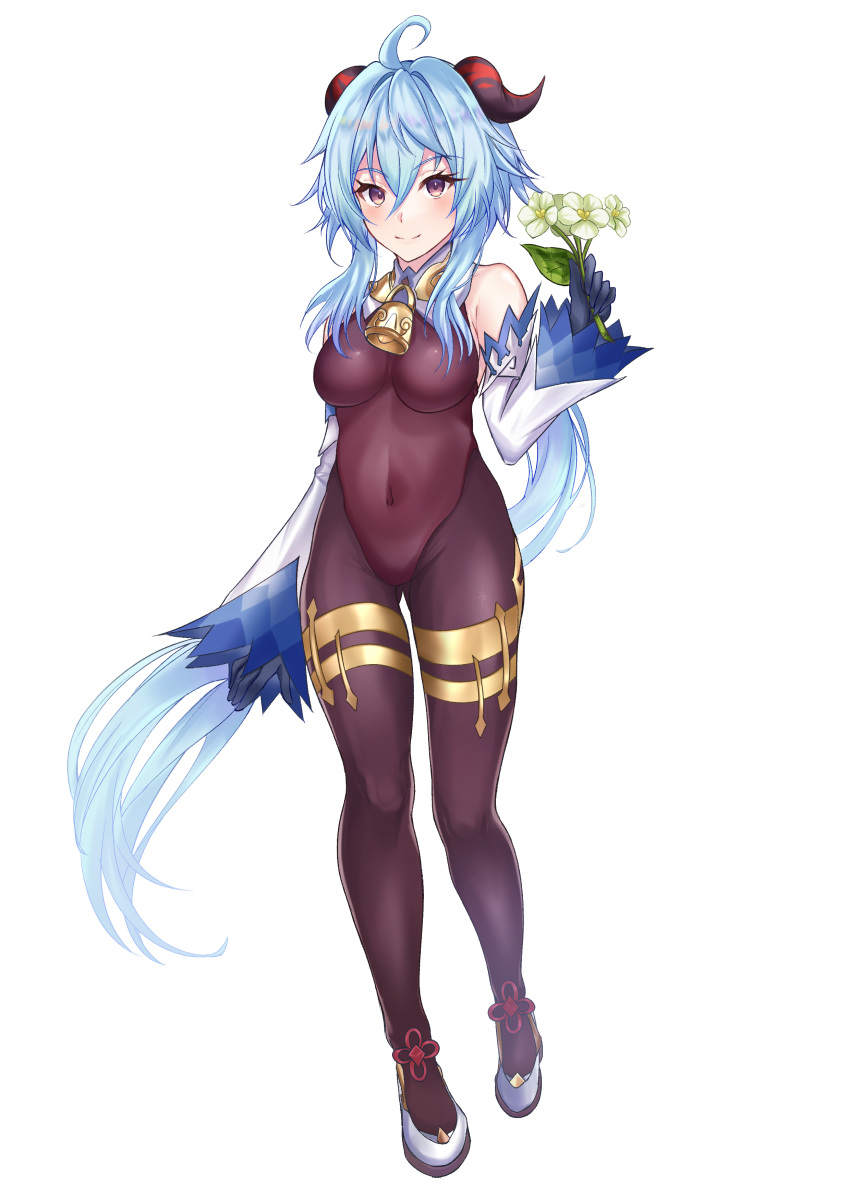 1girl absurdres ahoge bare_shoulders black_gloves blue_hair bodystocking commentary covered_navel detached_sleeves flower full_body ganyu_(genshin_impact) genshin_impact gloves hair_between_eyes hand_up highres holding holding_flower horns long_hair long_sleeves looking_at_viewer mija purple_eyes simple_background smile solo standing very_long_hair white_background white_flower