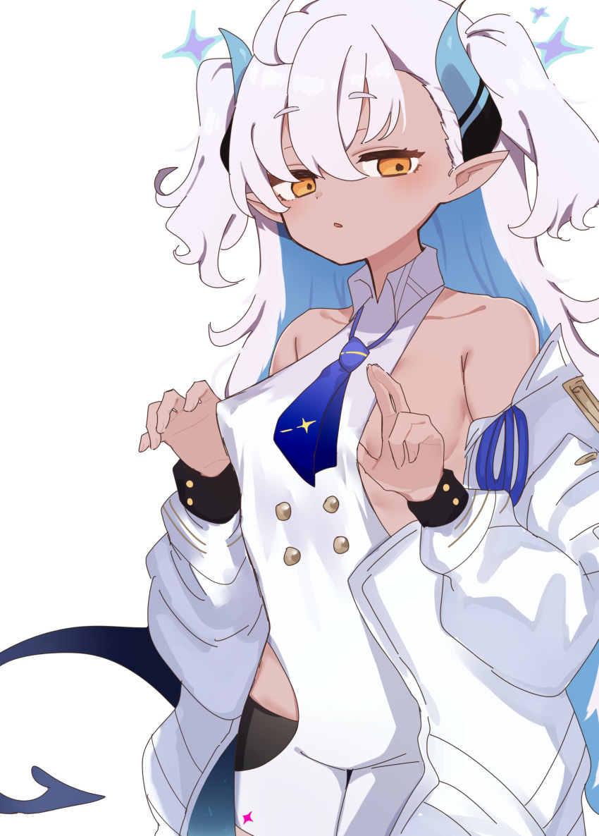 1girl absurdres bare_shoulders blue_archive blue_hair breasts coat dark-skinned_female dark_skin grey_hair hair_between_eyes halo highres horns jacket long_hair long_sleeves looking_at_viewer mametaka_0216 multicolored_hair one_breast_out open_clothes open_coat orange_eyes parted_lips pointy_ears simple_background small_breasts solo sumomo_(blue_archive) tail two_side_up unitard very_long_hair white_background white_coat