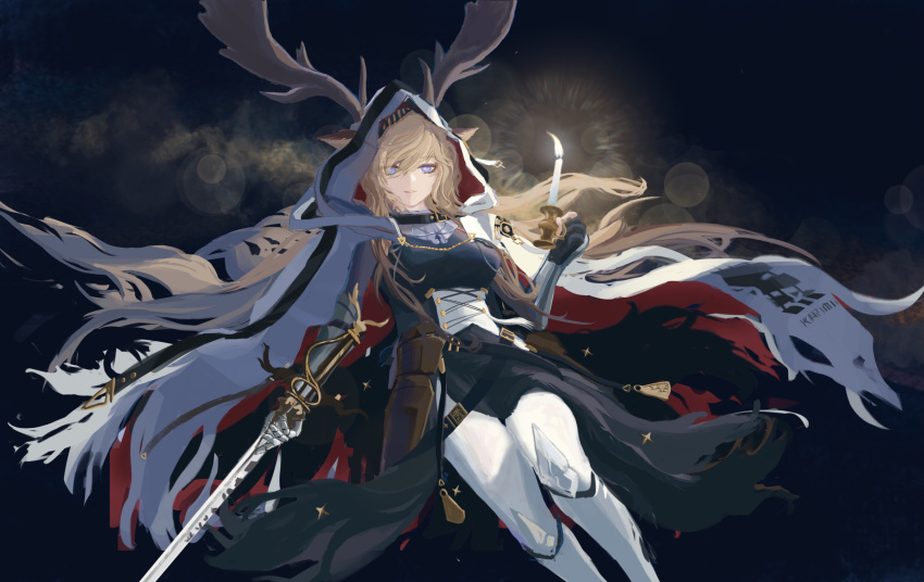 animal_ears antlers antlers_through_headwear arknights blonde_hair blue_eyes breasts candle cape deer_antlers deer_ears deer_girl ears_through_headwear highres holding holding_candle holding_sword holding_weapon hood hood_up hooded_cape implied_extra_ears large_breasts lit_candle long_hair mithiril sword viviana_(arknights) weapon white_cape white_hood