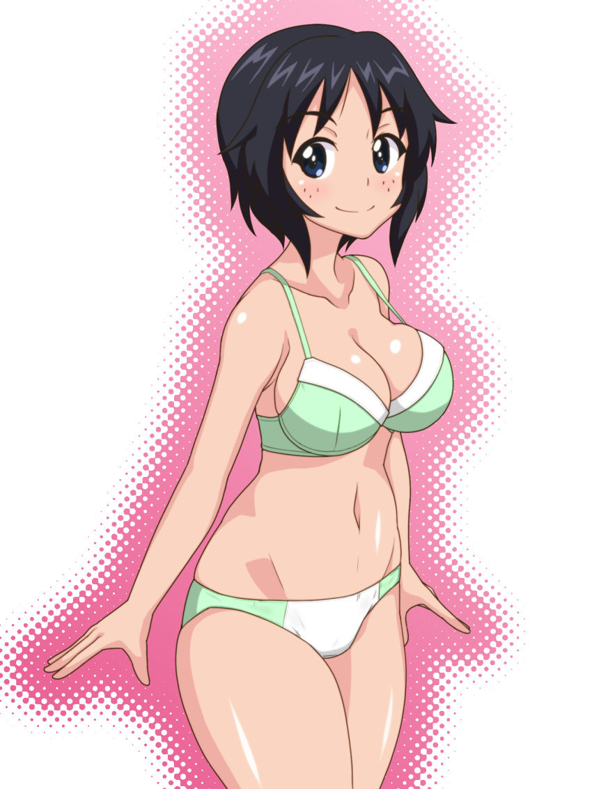 1girl alternate_hair_length alternate_hairstyle black_hair blue_eyes bra breasts cleavage closed_mouth commentary cowboy_shot crotch_seam freckles girls_und_panzer gogopaint green_bra green_panties groin highres looking_at_viewer medium_breasts navel panties short_hair smile solo standing underwear underwear_only yamagou_ayumi