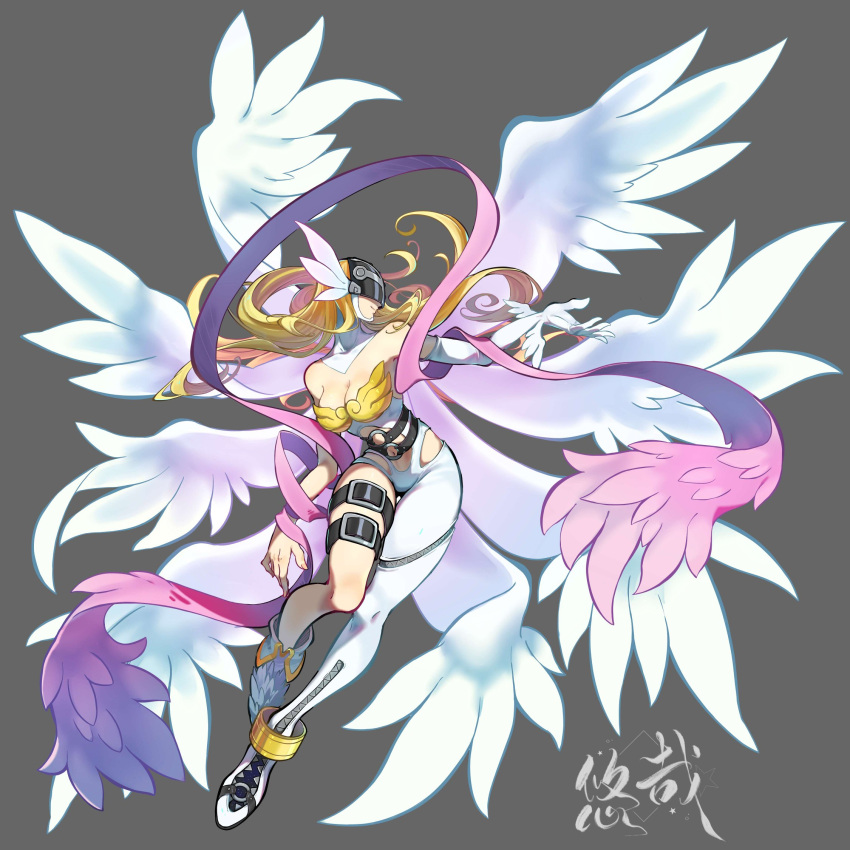 1girl angel angel_wings angewomon anklet bare_shoulders belt black_belt blonde_hair bodysuit boots breasts cleavage closed_mouth clothing_cutout covered_collarbone covered_eyes digimon elbow_gloves fingernails floating_hair fold-over_boots full_body gloves grey_background hagoromo helmet helmet_over_eyes highres hip_vent jewelry leg_belt long_hair medium_breasts navel navel_cutout o-ring shawl simple_background single_boot single_elbow_glove smile solo turtleneck white_bodysuit white_gloves white_wings winged_helmet wings wrist_wings youzaiyouzai112 zipper