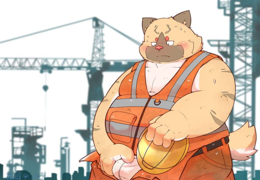 2023 alternate_version_at_source anthro armor belly big_belly blush bulge clothed clothing domestic_cat felid feline felis hard_hat headgear helmet hi_res humanoid_hands kemono lantu_(artist) male mammal outside overweight overweight_male solo underwear